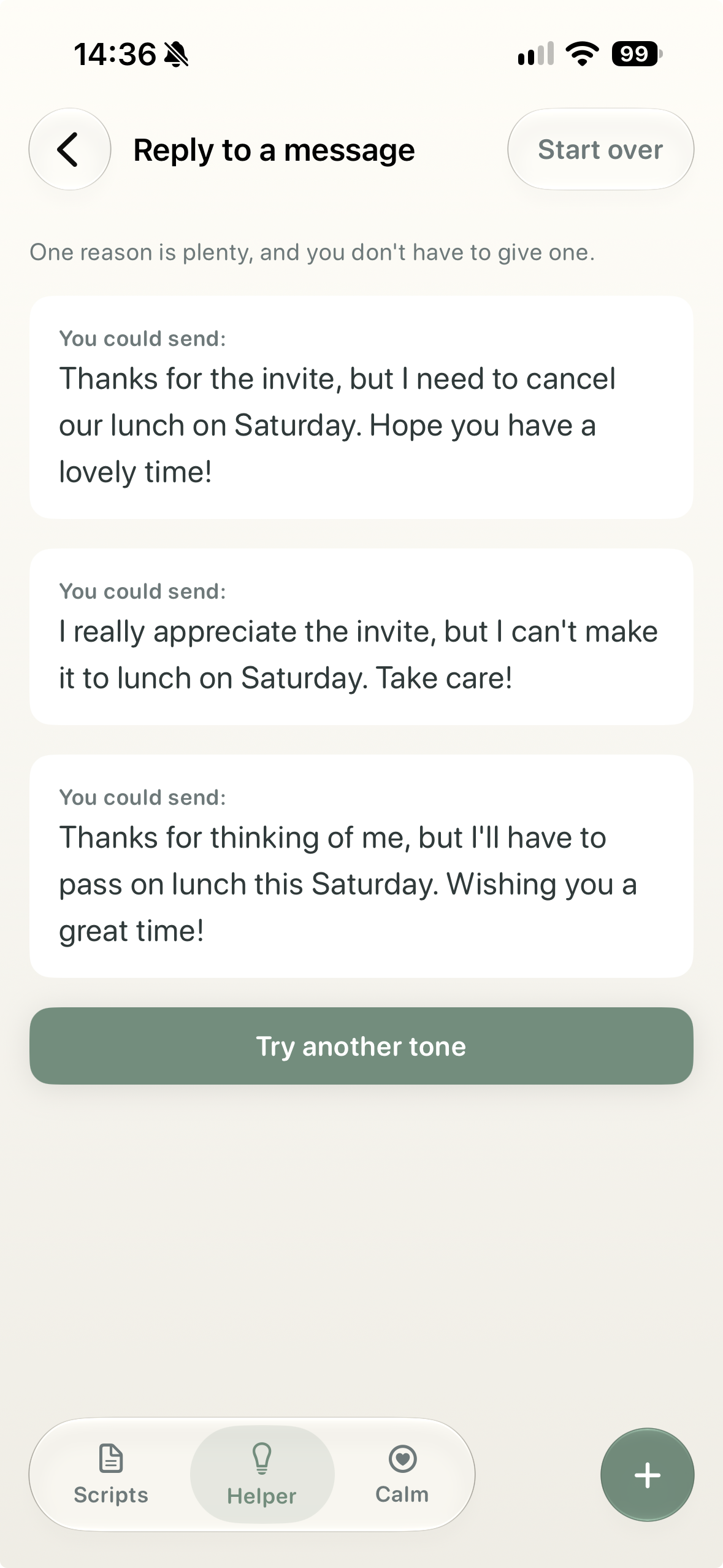tonen Reply Helper screen