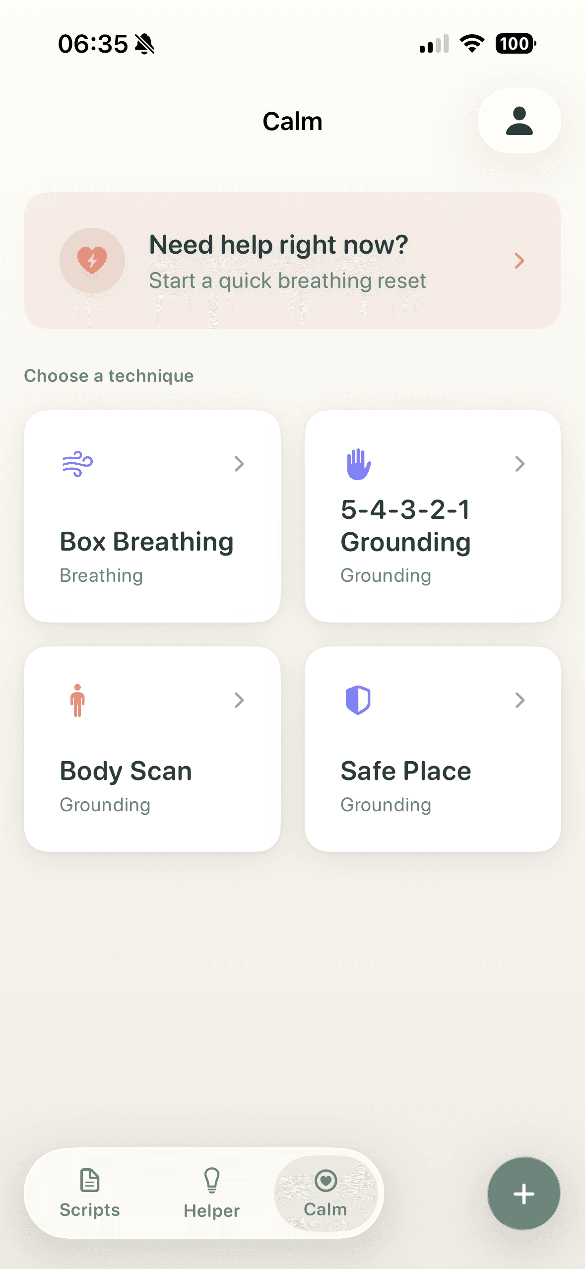 tonen Calm screen with breathing and grounding exercises