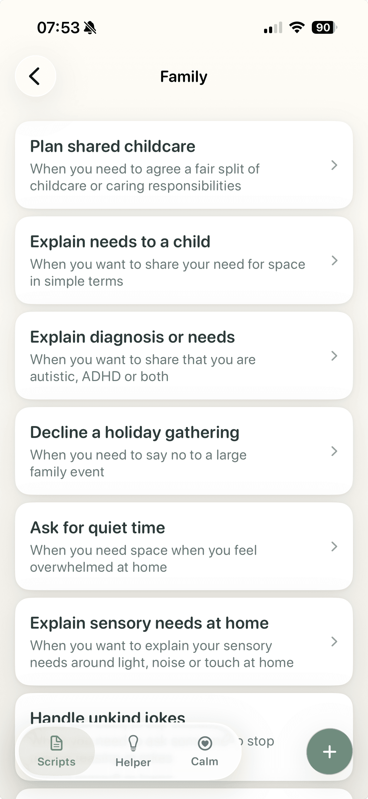 tonen Scripts screen with conversation script categories