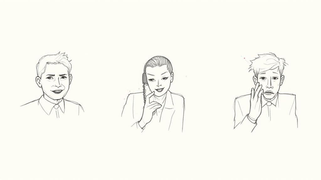 Person sitting at a cafe forcing a smile while looking overwhelmed by noise and activity