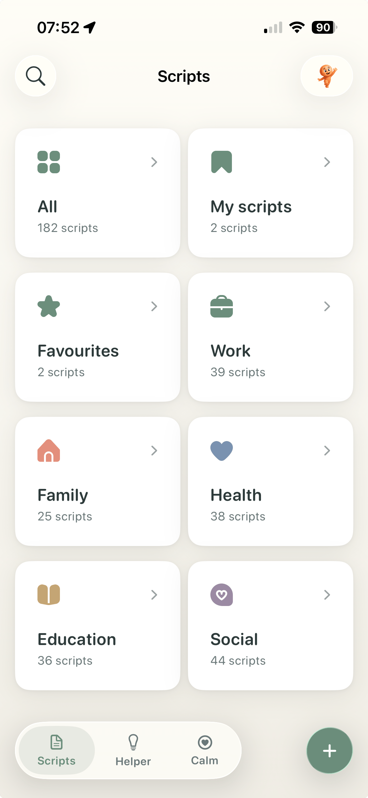 tonen home screen with script categories