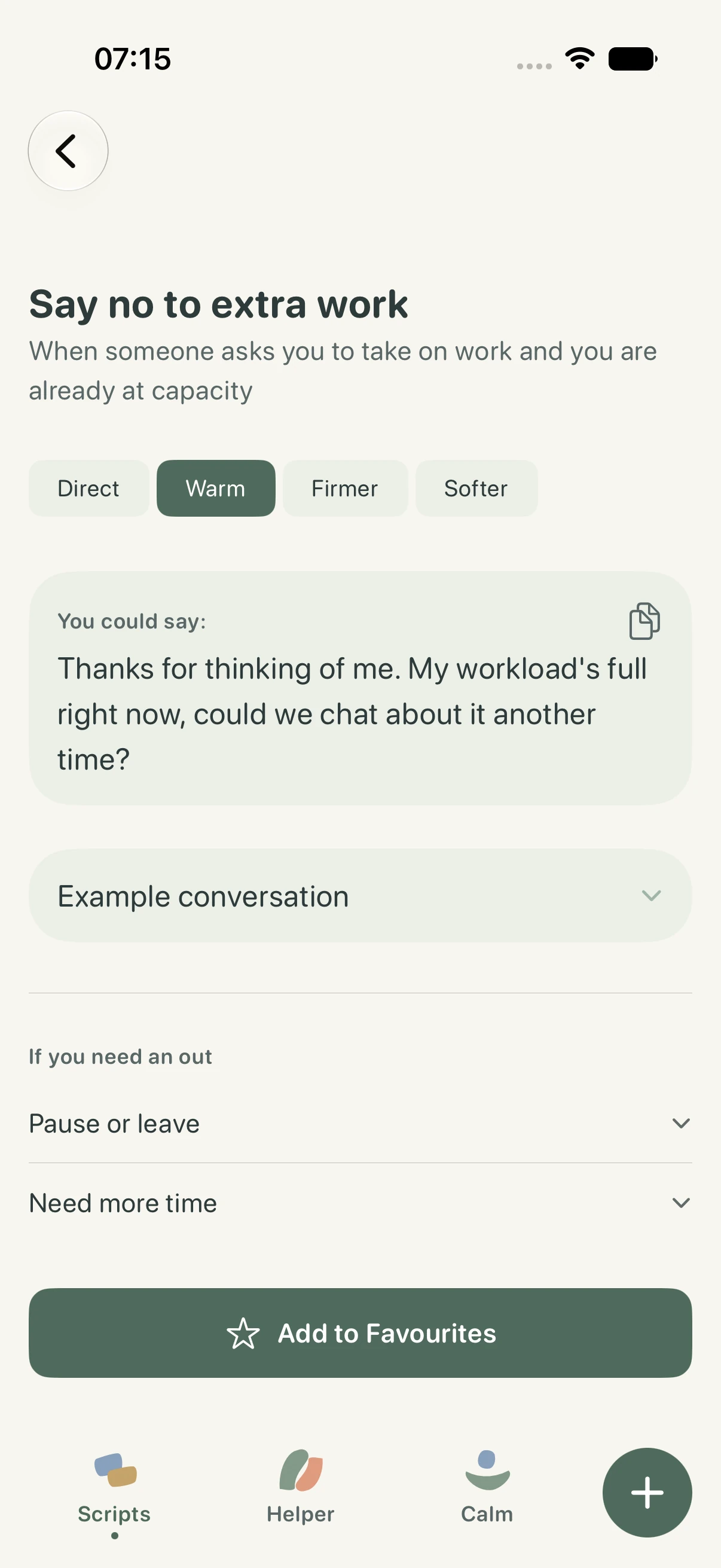 A tonen conversation script with tone choices and words for saying no to extra work
