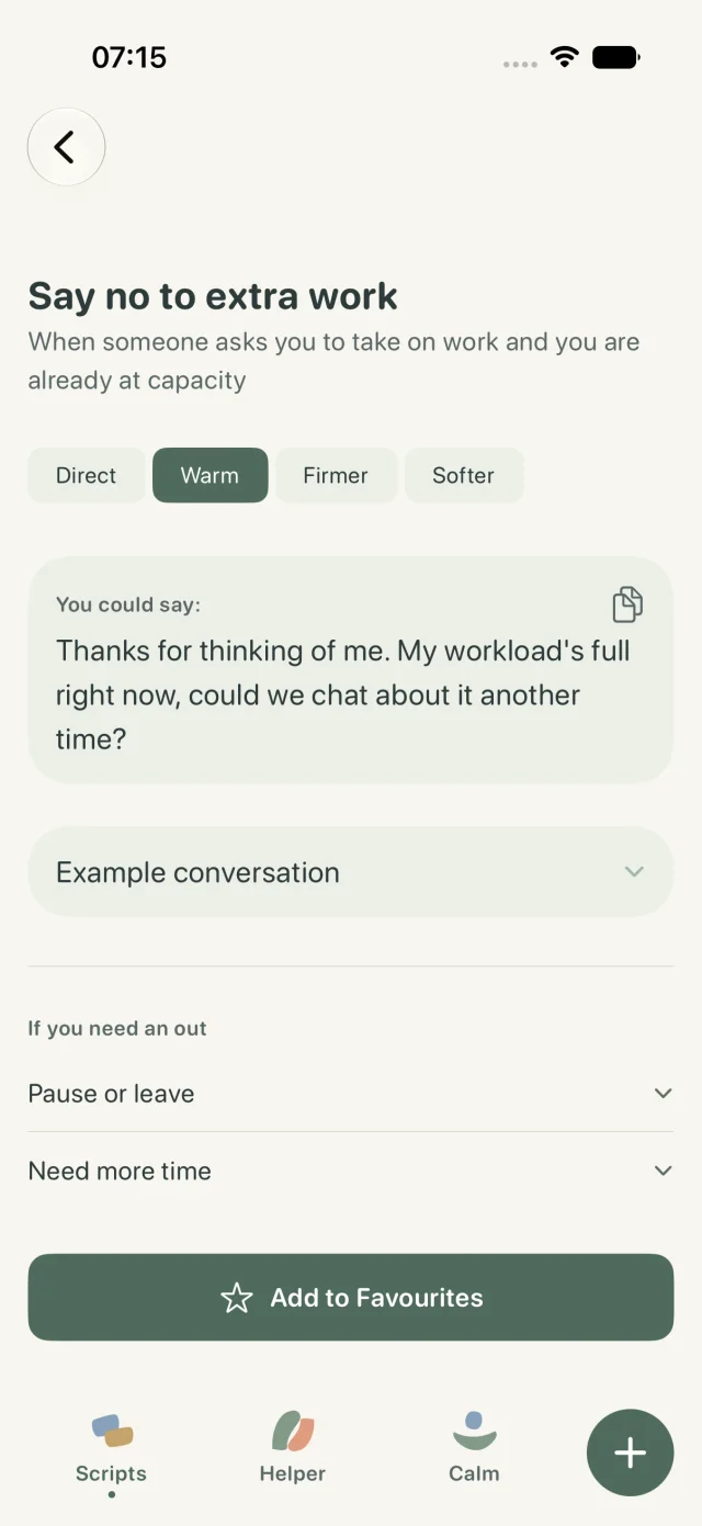 A tonen conversation script with tone choices and words for saying no to extra work